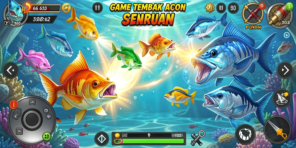 Tampilan gameplay seru dengan aksi menembak ikan.
