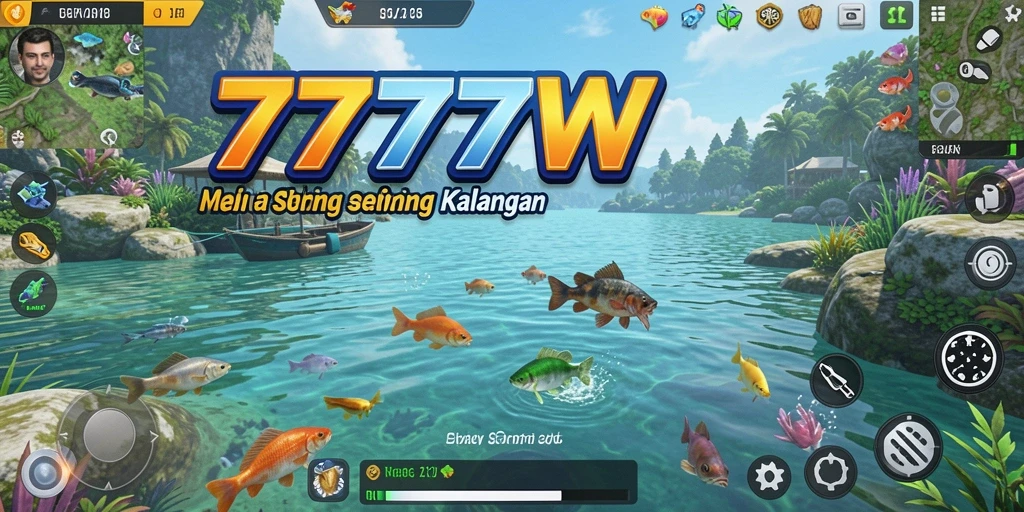 Gambar gameplay menarik dari 7777W saat memancing di danau indah.