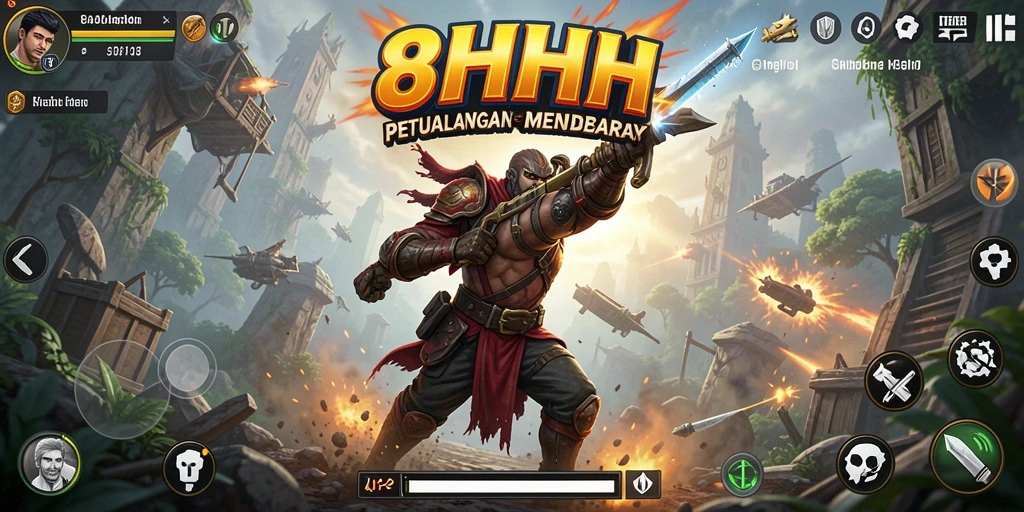 Screenshot utama 8HHH menampilkan aksi pertarungan epik dalam gameplay.