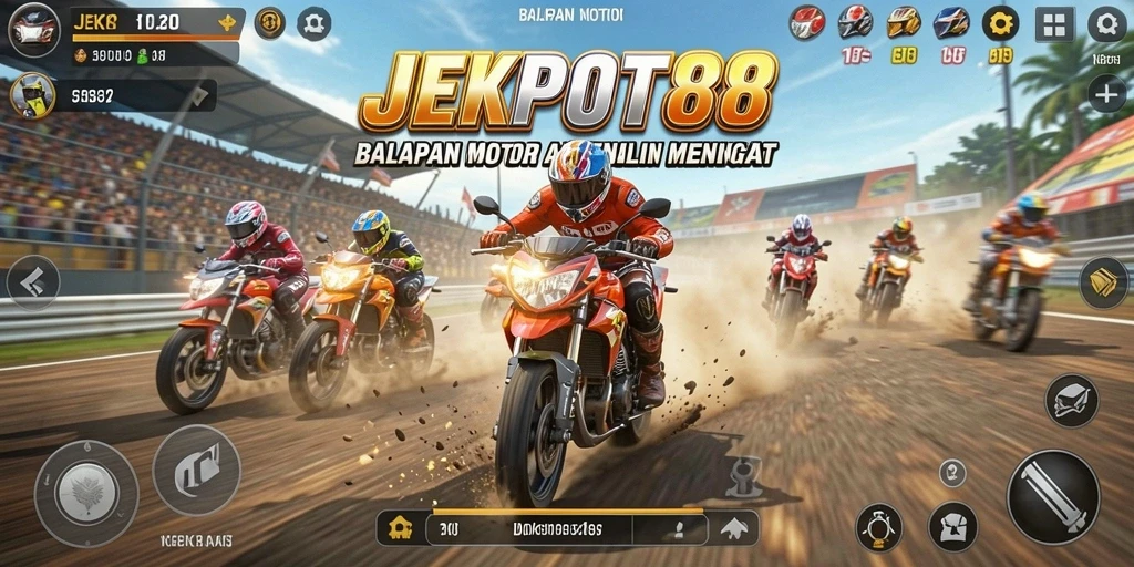 Screenshot gameplay JEKPOT88 menampilkan balapan motor yang mendebarkan.