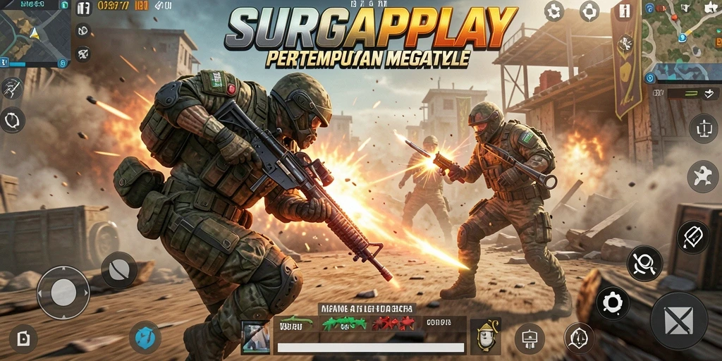 Screenshot gameplay SURGAPLAY menampilkan pertempuran intens di arena Battle Royale.