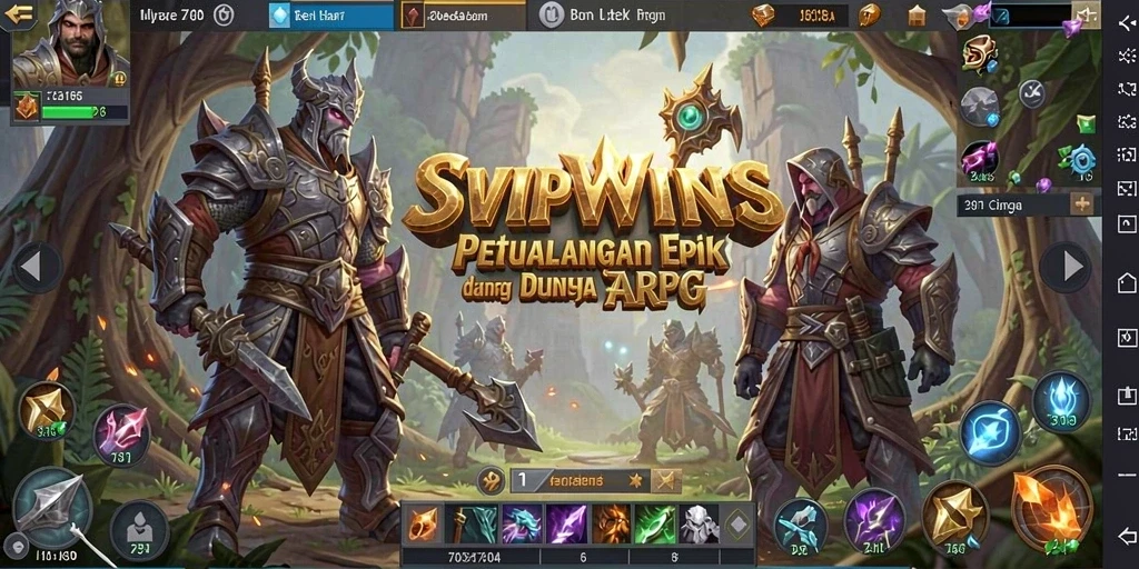Screenshot gameplay SVIPWINS menampilkan pertempuran seru dalam dunia fantasi.