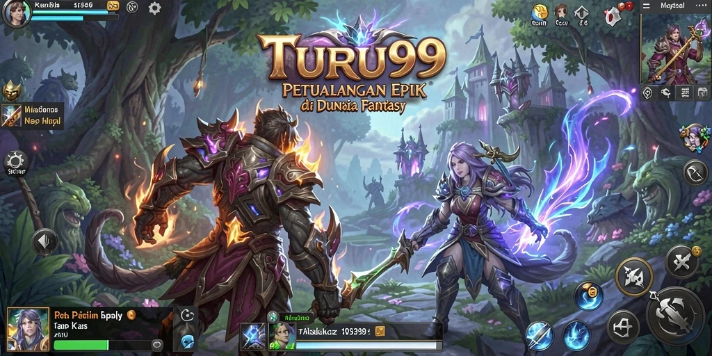 Screenshot utama TURU99 menampilkan karakter beraksi dalam pertarungan epik.