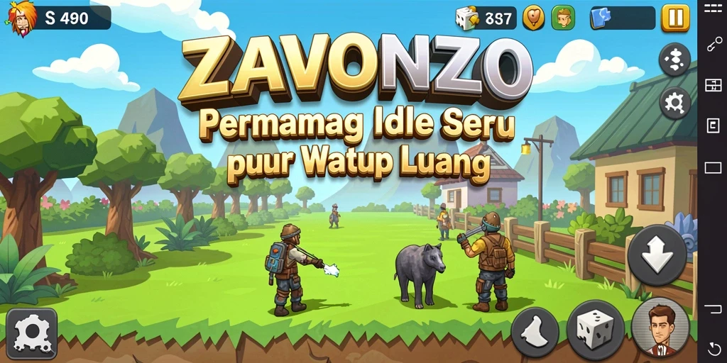 Tangkapan layar utama ZAVONZO menampilkan karakter yang tengah beraksi dalam permainan Idle.