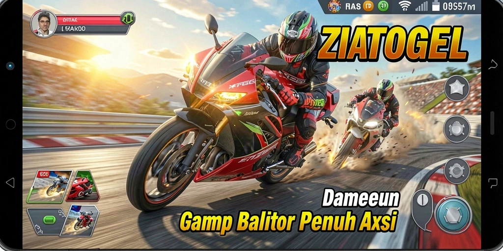 Screenshot gameplay ZIATOGEL menampilkan aksi balap motor yang mendebarkan.